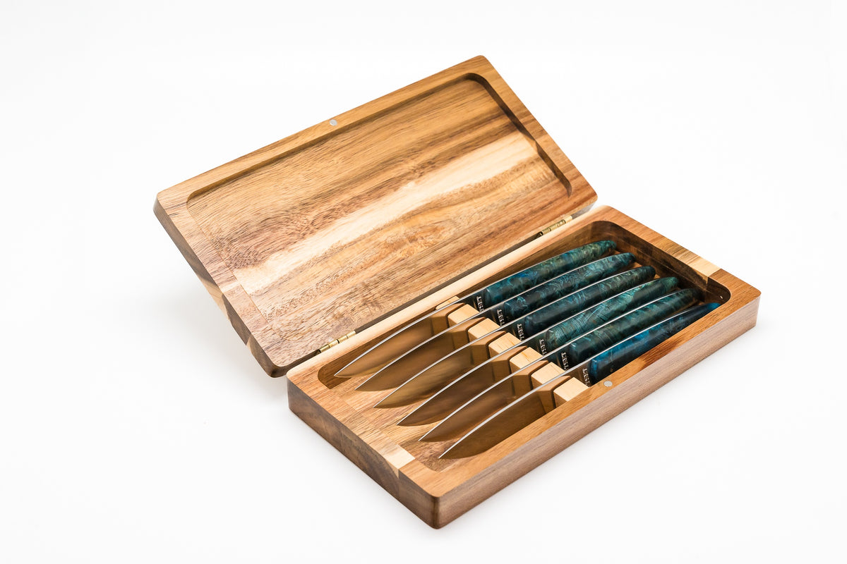 UTSET+COMAS CAJA DE 6 CUCHILLOS DE MESA MADERA ESTABILIZADA AZUL ...